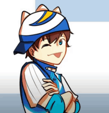 a cartoon of a boy wearing a blue and white hat and a blue and white jacket .