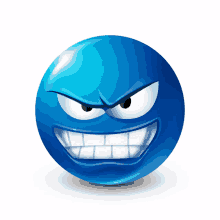 a blue smiley face with an angry look on it