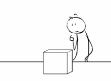 a black and white drawing of a stick figure standing next to a box .