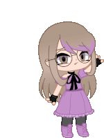 a girl wearing glasses and a purple dress stands on a white background