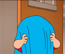a cartoon character with a bald head and a red shirt is standing in front of a door
