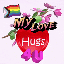a red heart with the words " my love hugs 4u " written on it