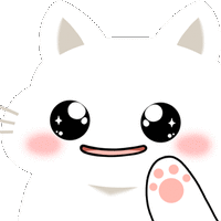 a cartoon drawing of a white cat with big eyes and a pink paw