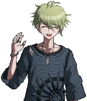 a boy with green hair wearing a striped shirt and a necklace