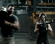 a woman holding a gun stands next to a man holding a cannon