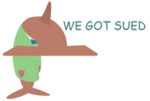 a shark wearing a helmet and the words we got sued