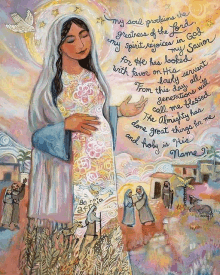 a painting of a woman holding a baby with the words " my soul proclaims the greatness of the lord " at the top