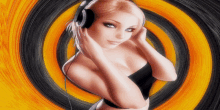 a woman wearing headphones stands in front of an orange and black swirl