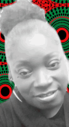 a black and white photo of a woman 's face with a green and red background