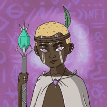 a cartoon of a man with a feather on his head holding a wand and a crystal .