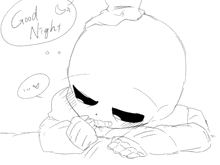 a drawing of a skeleton laying down with the words good night written above it