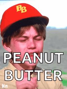 a boy wearing a red hat with the letter bb on it