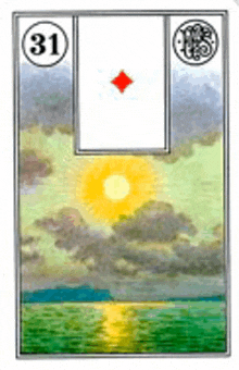 a tarot card with a picture of a sunset over a body of water