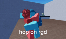 a blue and red cartoon character hugging each other with the words hop on rgd on the bottom