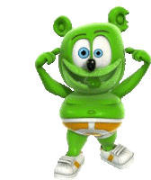 a green gummy bear is standing on a white background with his hands on his ears .