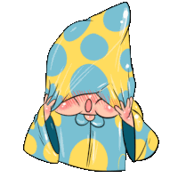 a cartoon drawing of a person covering their face with a blue and yellow blanket