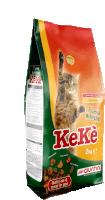 a bag of keke cat food shows a cat reaching up