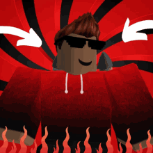 a cartoon character wearing sunglasses and a red hoodie with flames behind him