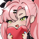 a girl with pink hair is holding a red heart in her hands .