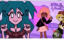 a cartoon of a girl with blue hair standing next to another girl