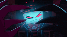 a cartoon character with a glowing face is surrounded by purple claw