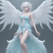 a woman with white hair and wings is wearing a blue dress