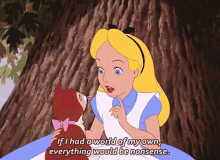 a cartoon of alice from alice in wonderland talking to a cat