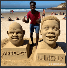 a man stands next to a sand sculpture of a man named lunchly