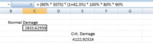 a spreadsheet with normal damage 2833,62559 and crit damage 41222,92524