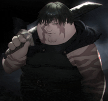 a cartoon character with a big head and a sword on his shoulder