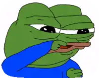 a green frog wearing a blue shirt is making a face