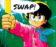 a cartoon character with a speech bubble saying " swap "