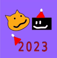 a purple background with a cat and a box with smiley faces and the number 2023