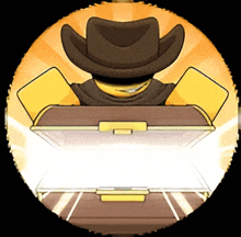 a cartoon of a man in a cowboy hat sitting in front of a treasure chest