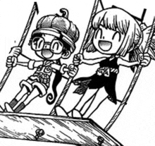 a black and white drawing of a boy and a girl sitting on a swing .