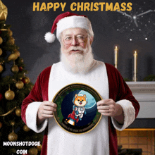 a santa claus holding a moonshotdoge coin