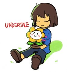 a drawing of a girl holding a flower with undertale written on the bottom