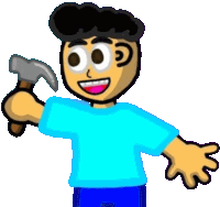 a cartoon man is holding a hammer and smiling