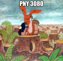 a cartoon rabbit and mole are sitting on a tree stump with pny 3080 written on the bottom