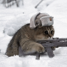 a cat wearing a hat and holding a gun is laying in the snow .