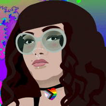 a woman wearing glasses and a choker with a rainbow necklace