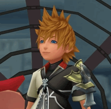 a video game character with yellow hair and a black and white outfit