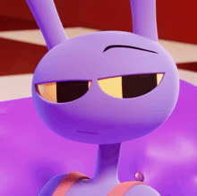 a close up of a purple cartoon character with a serious look on his face