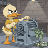a cartoon of a duck working on a machine with a stack of money behind it