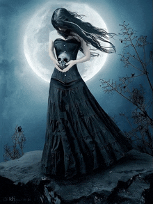 a woman in a black dress is holding a skull in front of the moon