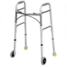 an aluminum walker with wheels and a handle on a white background .