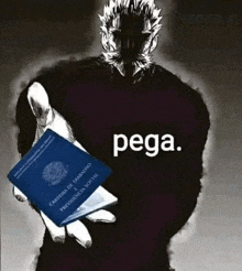 a black and white drawing of a person holding a passport with the word pega written on it