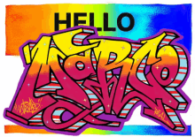 a rainbow colored background with the word hello written in black