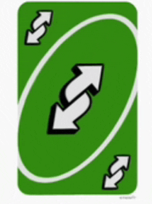 a green uno card with two white arrows pointing in opposite directions