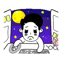 a black and white cartoon of a man using a computer mouse at night .